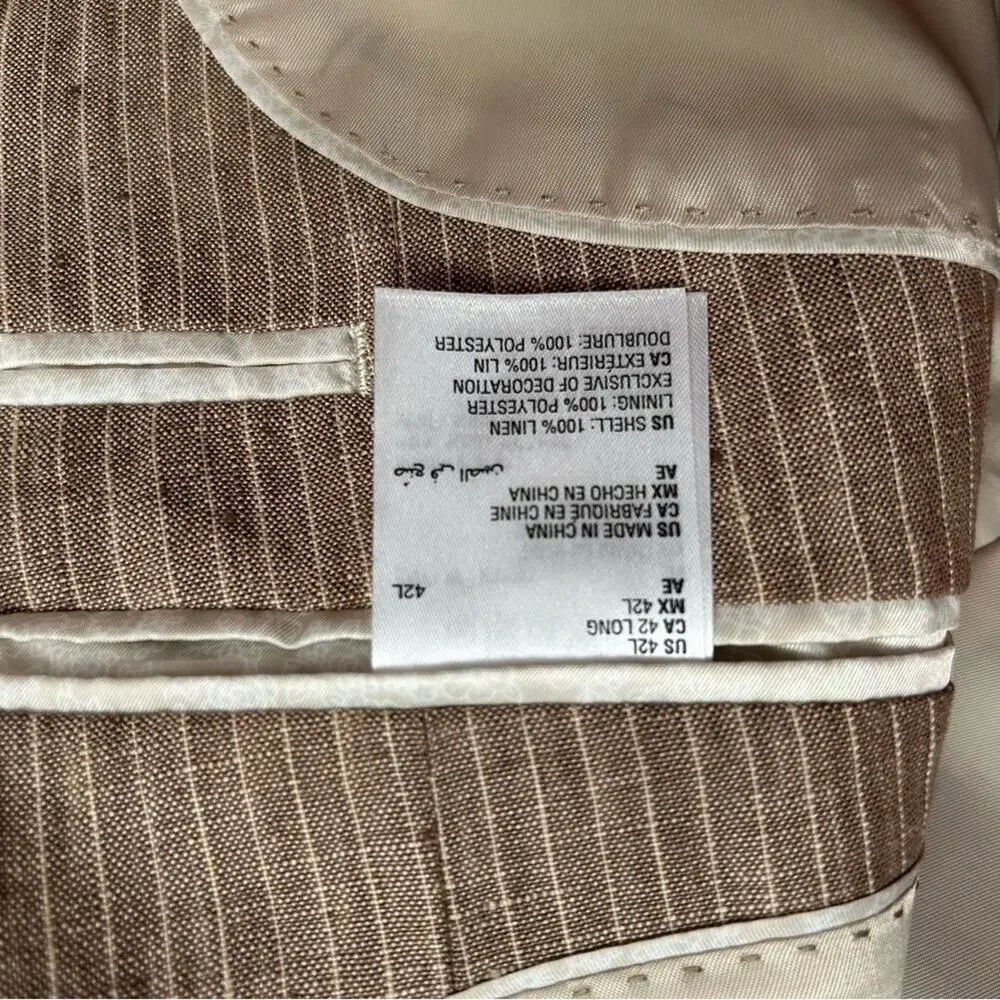 Bar III 100% Linen Light Brown Pinstripe Blazer, Size 42L